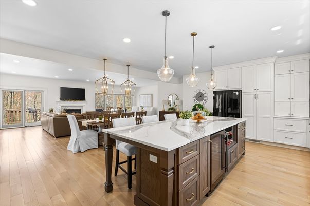 Dining room, Fireplace, Interior, Kitchen, Living room, Pendant Lights, Recessed Lighting, Wood Texture Flooring