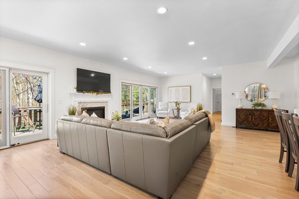 Fireplace, Interior, Living room, Recessed Lighting, Wood Texture Flooring