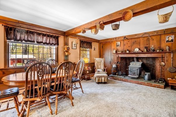 Dining room, Fireplace, Interior, Wooden Beams, Wooden Walls