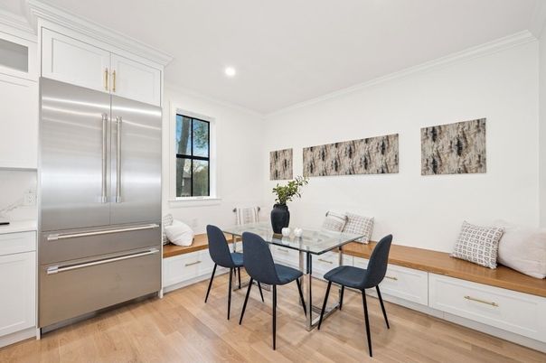 Dining room, Interior, Kitchen, Recessed Lighting, Stainless Steel Appliances, Wood Texture Flooring