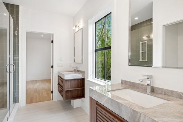 Bathroom, Glass Shower, Interior, Recessed Lighting, Wood Texture Flooring