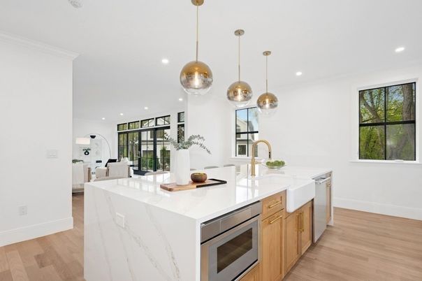 Interior, Kitchen, Pendant Lights, Recessed Lighting, Stainless Steel Appliances, Wood Texture Flooring