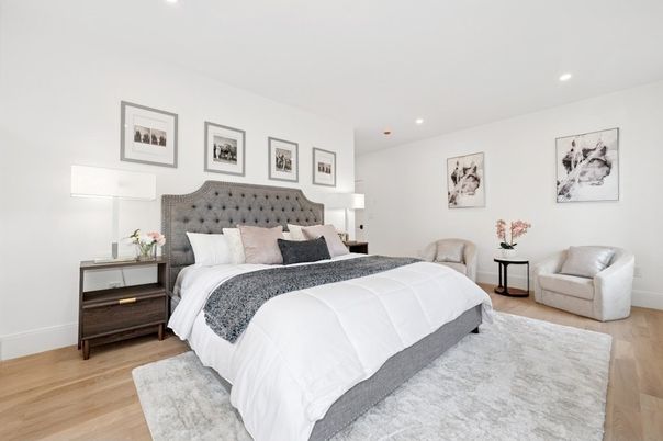 Bedroom, Interior, Recessed Lighting, Wood Texture Flooring