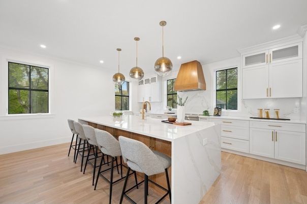 Interior, Kitchen, Marble Walls, Pendant Lights, Recessed Lighting, Wood Texture Flooring