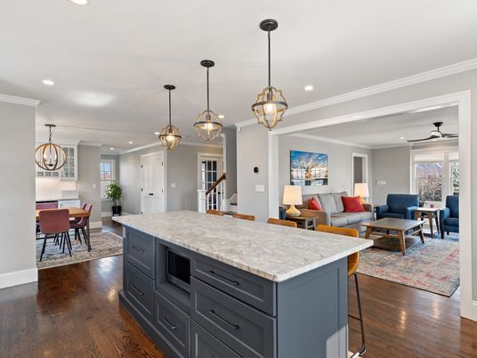Chandelier, Dining room, Interior, Kitchen, Living room, Pendant Lights, Recessed Lighting, Wood Texture Flooring