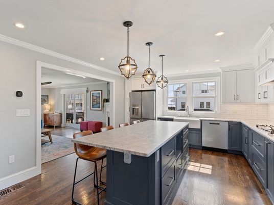 Chandelier, Interior, Kitchen, Pendant Lights, Recessed Lighting, Stainless Steel Appliances, Wood Texture Flooring