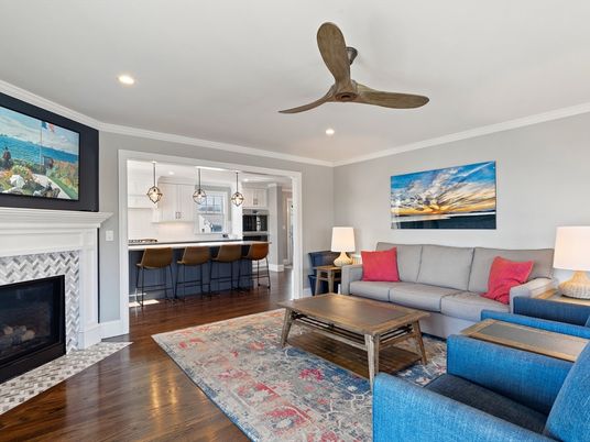 Fireplace, Interior, Kitchen, Living room, Pendant Lights, Recessed Lighting, Stainless Steel Appliances, Wood Texture Flooring