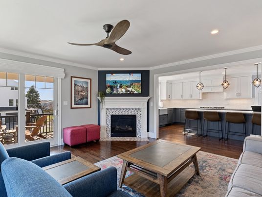 Dining room, Fireplace, Interior, Kitchen, Living room, Pendant Lights, Recessed Lighting, Wood Texture Flooring