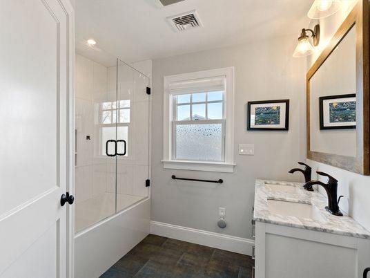 Bathroom, Dual Sink Vanities, Glass Shower, Interior, Recessed Lighting