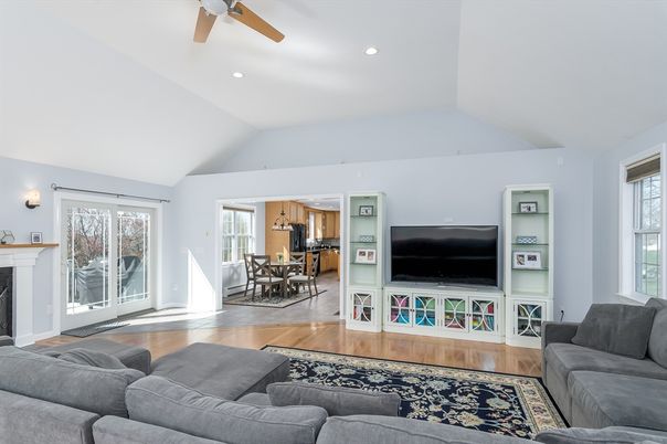 Dining room, Fireplace, Interior, Kitchen, Living room, Recessed Lighting, Wood Texture Flooring