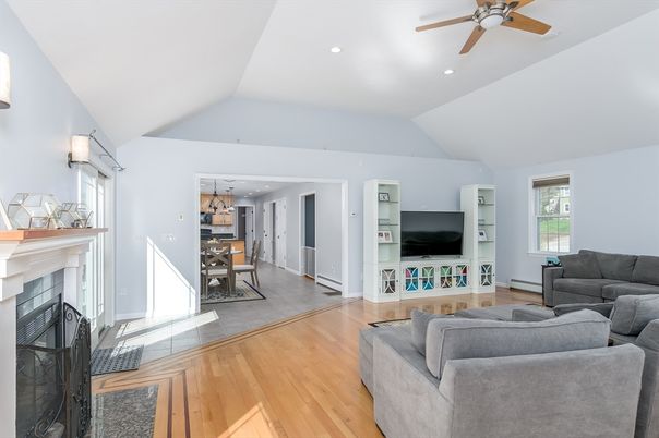 Dining room, Fireplace, Interior, Kitchen, Living room, Pendant Lights, Recessed Lighting, Wood Texture Flooring