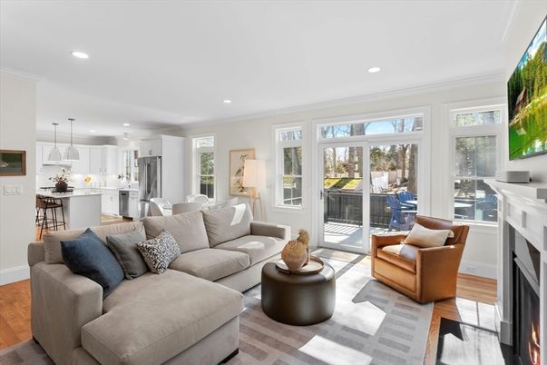 Fireplace, Interior, Kitchen, Living room, Pendant Lights, Recessed Lighting, Stainless Steel Appliances, Wood Texture Flooring