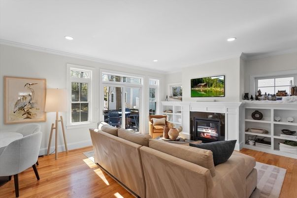 Fireplace, Interior, Living room, Recessed Lighting, Wood Texture Flooring