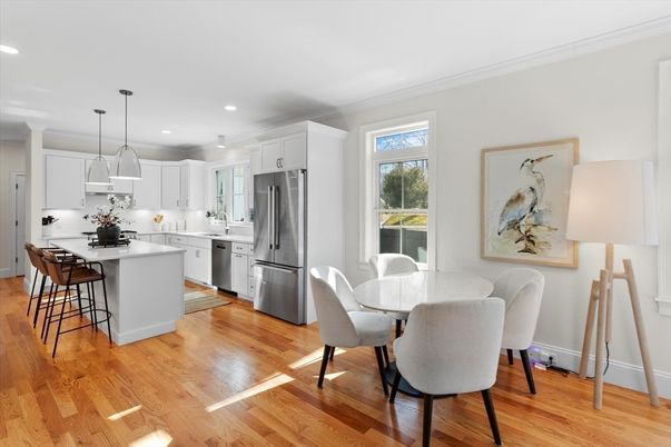 Dining room, Interior, Kitchen, Pendant Lights, Recessed Lighting, Stainless Steel Appliances, Wood Texture Flooring