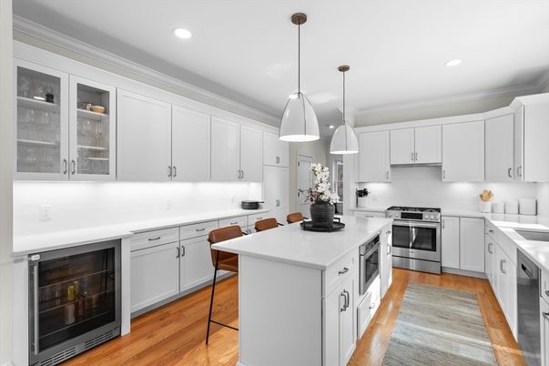 Interior, Kitchen, Pendant Lights, Recessed Lighting, Stainless Steel Appliances, Wood Texture Flooring