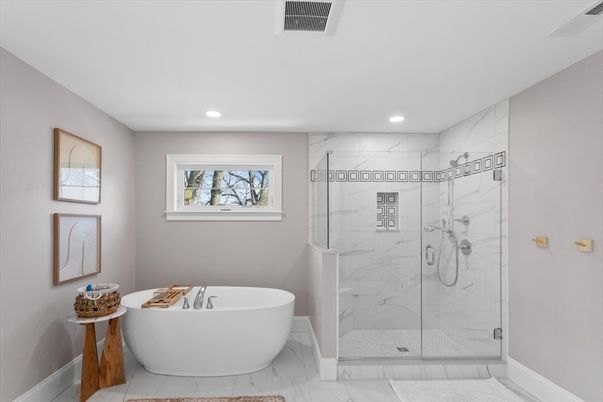 Bathroom, Free Standing Baths, Glass Shower, Interior, Marble, Marble Walls, Recessed Lighting