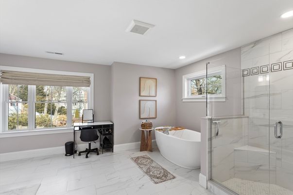 Bathroom, Free Standing Baths, Glass Shower, Interior, Marble, Marble Walls, Recessed Lighting