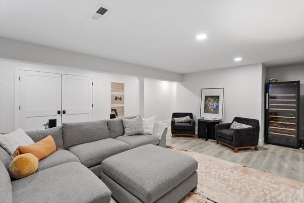 Fireplace, Interior, Living room, Recessed Lighting, Wood Texture Flooring