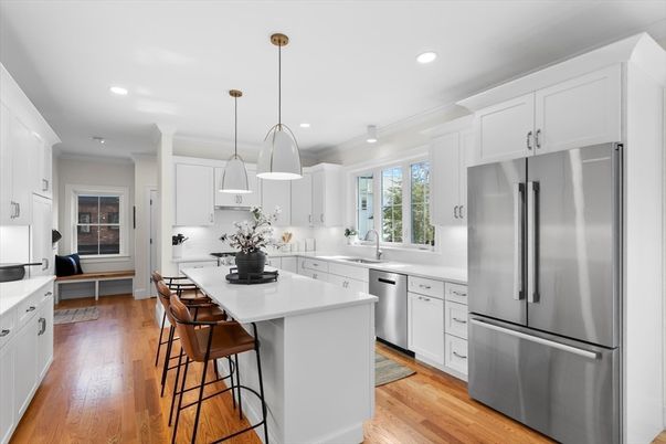 Interior, Kitchen, Pendant Lights, Recessed Lighting, Stainless Steel Appliances, Wood Texture Flooring