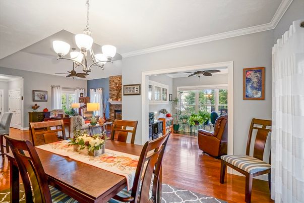 Chandelier, Dining room, Fireplace, Interior, Living room, Wood Texture Flooring