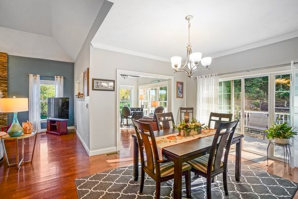 Chandelier, Dining room, Interior, Wood Texture Flooring