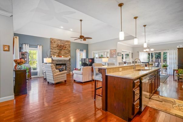 Dining room, Fireplace, Interior, Kitchen, Living room, Pendant Lights, Recessed Lighting, Stone Walls, Wood Texture Flooring