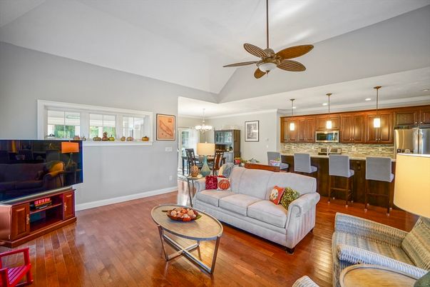 Dining room, Interior, Kitchen, Living room, Pendant Lights, Stainless Steel Appliances, Wood Texture Flooring