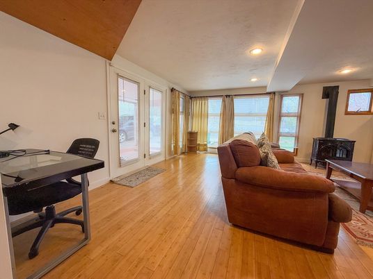 Fireplace, Home Office, Interior, Living room, Recessed Lighting, Wood Texture Flooring