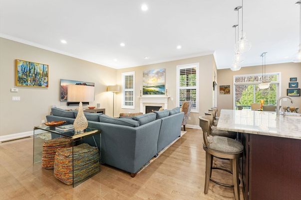 Dining room, Fireplace, Interior, Living room, Pendant Lights, Recessed Lighting, Wood Texture Flooring