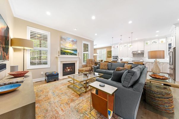 Fireplace, Interior, Kitchen, Living room, Pendant Lights, Recessed Lighting, Stainless Steel Appliances, Wood Texture Flooring