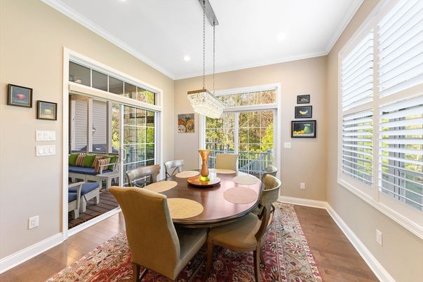 Chandelier, Dining room, Interior, Pendant Lights, Recessed Lighting, Wood Texture Flooring