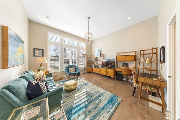 Chandelier, Home Office, Interior, Recessed Lighting, Wood Texture Flooring