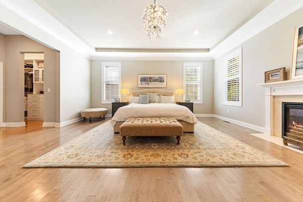 Bedroom, Fireplace, Interior, Recessed Lighting, Wood Texture Flooring