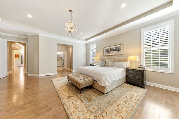 Bedroom, Chandelier, Interior, Recessed Lighting, Wood Texture Flooring