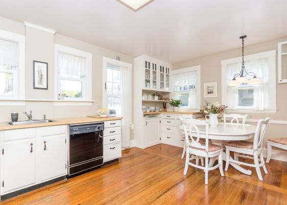 Dining room, Interior, Kitchen, Pendant Lights, Wood Texture Flooring