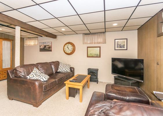 Fireplace, Interior, Living room, Recessed Lighting, Wooden Beams