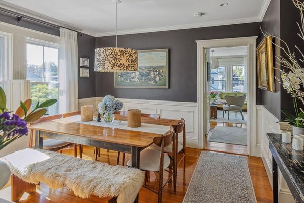 Dining room, Interior, Pendant Lights, Wood Texture Flooring