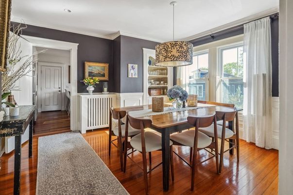 Dining room, Interior, Pendant Lights, Recessed Lighting, Wood Texture Flooring