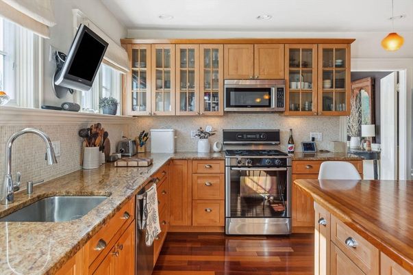 Interior, Kitchen, Pendant Lights, Recessed Lighting, Stainless Steel Appliances, Wood Texture Flooring