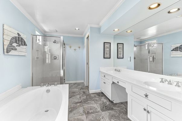 Bathroom, Dual Sink Vanities, Glass Shower, Interior, Recessed Lighting