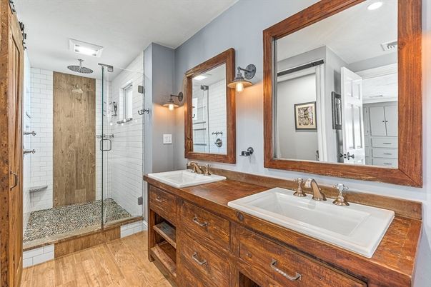 Bathroom, Dual Sink Vanities, Glass Shower, Interior, Wood Texture Flooring