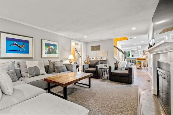 Fireplace, Interior, Kitchen, Living room, Recessed Lighting