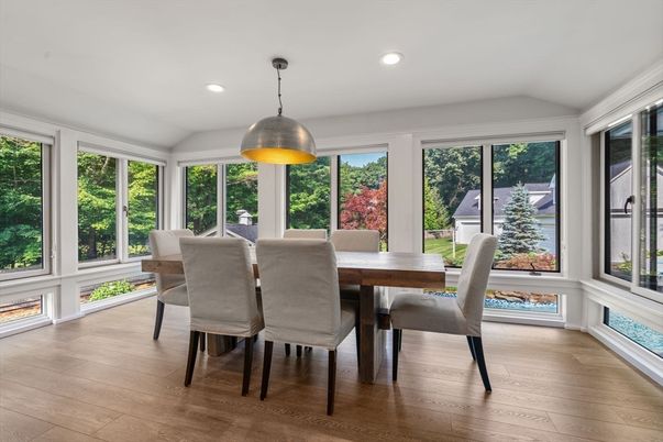 Dining room, Interior, Pendant Lights, Recessed Lighting, Wood Texture Flooring