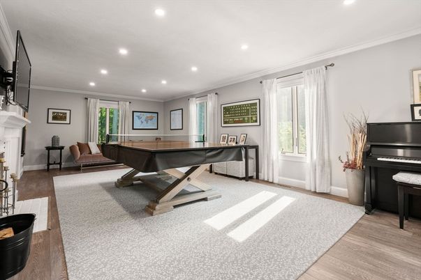 Billiard Table, Fireplace, Game Room, Interior, Piano, Recessed Lighting, Wood Texture Flooring