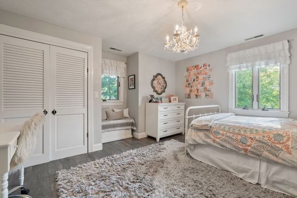 Bedroom, Chandelier, Interior, Wood Texture Flooring