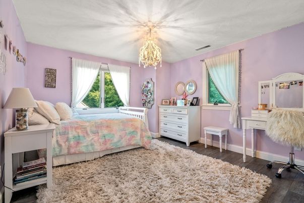 Bedroom, Chandelier, Interior, Wood Texture Flooring