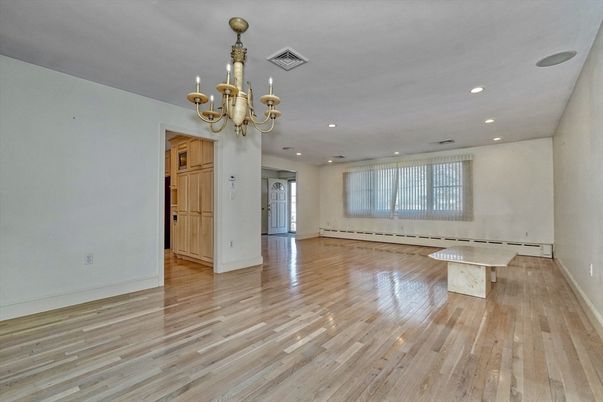 Chandelier, Empty room, Interior, Recessed Lighting, Wood Texture Flooring