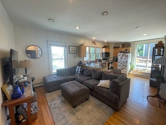 Dining room, Interior, Kitchen, Living room, Recessed Lighting, Stainless Steel Appliances, Wood Texture Flooring