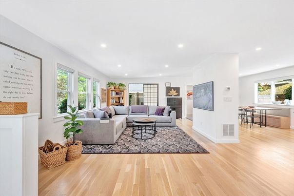 Dining room, Fireplace, Interior, Living room, Recessed Lighting, Wood Texture Flooring