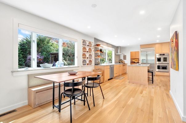 Dining room, Interior, Kitchen, Recessed Lighting, Stainless Steel Appliances, Wood Texture Flooring